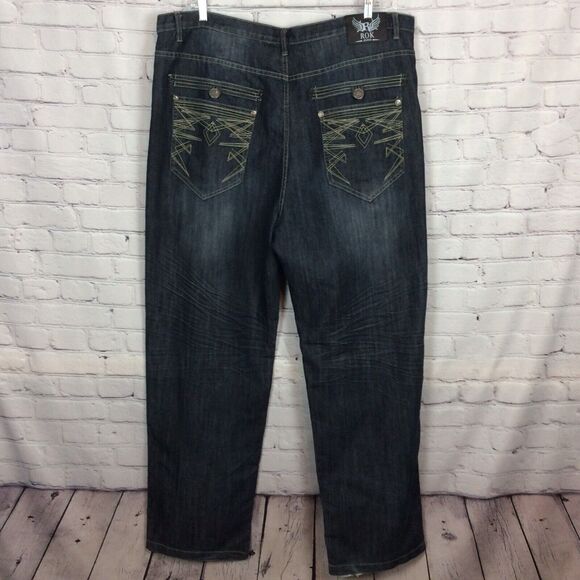ROK Men’s Sz 44x34 Blue Jeans Denim Straight Leg Embroidered Pockets Whiskering - Picture 8 of 11
